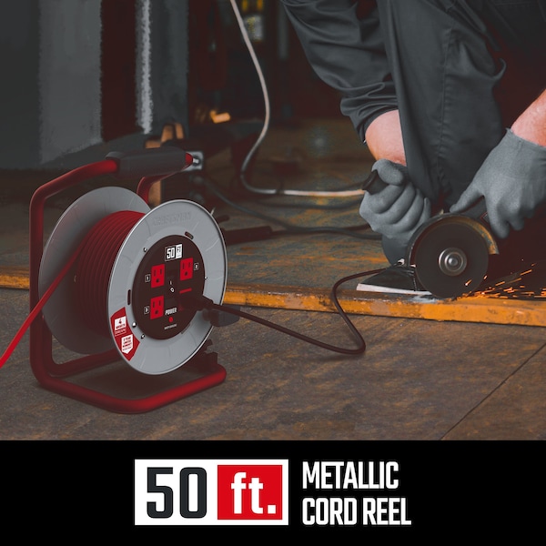 Craftsman Cord Reel With Hand Lamp, Hand Operated, 12 AWG, Red Reel Color, 4 Outlets CMXCRPA1250 - main